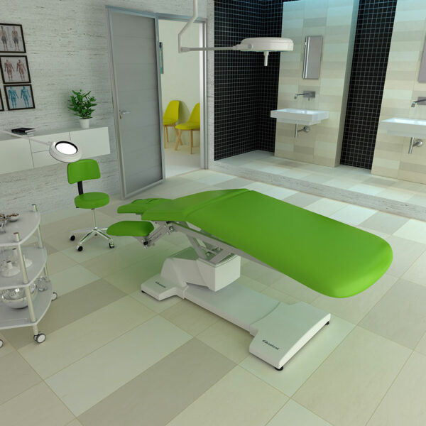 Luxurious green spa treatment table in modern, high-end wellness clinic.